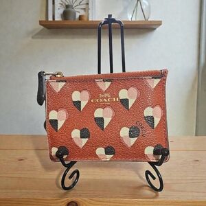 Coach Skinny Mini ID Case Heart Print in Terracotta w Key Ring